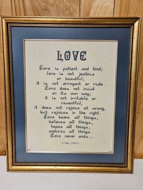 Vintage Corinthians Love Is Patient Cross Stitch Needle Point  Framed 19" '84